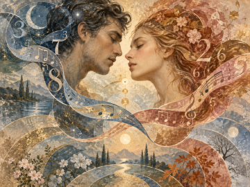 Couple surrounded by numbers, playing-card symbols, and planetary patterns representing the Seven Reflections Love Compatibility System