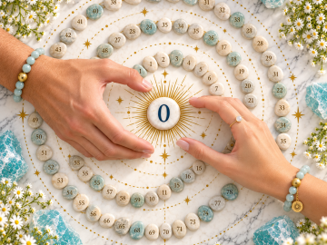 Number 0 surrounded by a spiral of 78 stones, turquoise crystals, white flowers, and hands on a golden celestial chart