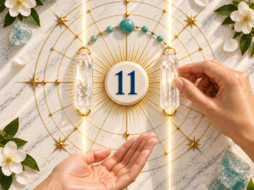 Number 11 framed by twin crystal pillars and parallel beams of light, symbolizing intuition, inspiration, vision, and heightened perception