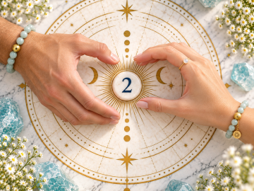 Two hands meet around a Number 2 stone on a balanced golden numerology chart, symbolizing harmony, cooperation, and diplomacy