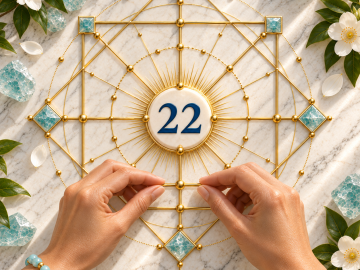 Number 22 centered within an expansive golden framework, symbolizing disciplined manifestation, practical vision, and lasting achievement