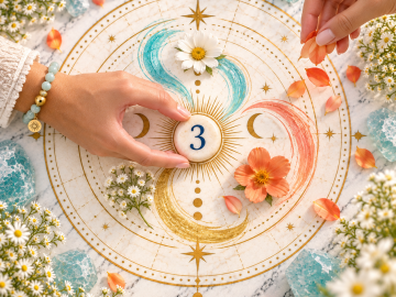 Number 3 stone surrounded by colorful flowing brushstrokes and flowers, symbolizing creativity, imagination, and joyful self-expression