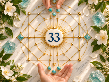 Number 33 within a golden pattern as wisdom passes between two hands, symbolizing compassionate teaching, guidance, healing, and service
