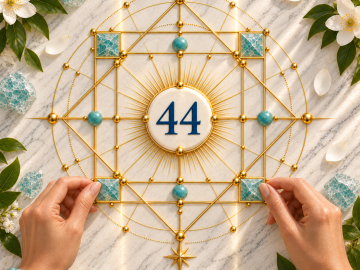 Master Number 44 centered within golden double-square geometry, turquoise stones, white flowers, and two guiding hands