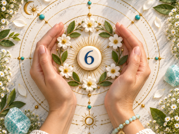Hands protect a Number 6 stone encircled by six white blossoms, symbolizing care, responsibility, harmony, and devotion