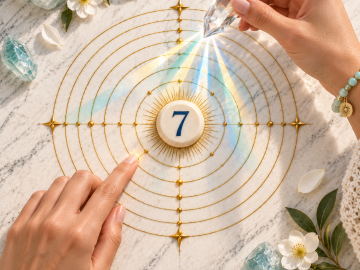 Crystal reveals light over a Number 7 stone and seven concentric rings, symbolizing introspection, wisdom, intuition, and spiritual inquiry