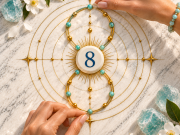 Number 8 stone centered within a balanced golden figure-eight path, symbolizing power, ambition, authority, and material mastery