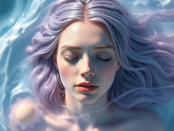 Pisces zodiak sign. An overhead, birds eye view of a serene woman symbolizing Pisces, rendered in surreal infrared tones. She is surrounded by translucent waves of light and soft, flowing water forms.