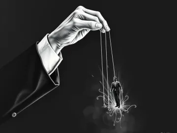 Classic oil painting, black and white, minimalist conceptual illustration of power dynamics, a large hand holding puppet strings attached to a suited figure. logo