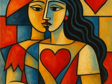 Abstract painting of a woman with flowing dark hair and warm-toned face, split into geometric shapes with a large red heart at her chest and another in the background