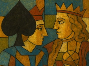 Abstract painting of a solemn figure in deep blue and gold tones, with sharp angular lines and a bold black spade symbol in the background, evoking strength and introspection