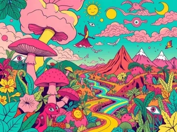 A bright, surreal, psychedelic illustration in a 1960s comic-inspired style, depicting a whimsical forest with oversized mushrooms, tropical birds, exotic animals, and spiraling vines logo