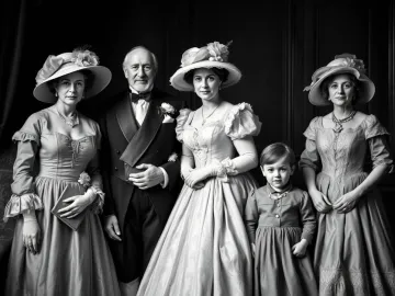 A black and white photograph in a dramatic cinematic style, capturing the British royal family across generations, parents, grandparents, and children, wearing 18th-century hats and dresses logo