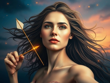 Sagittarius astrology sign. Soft, dreamy atmosphere and layered papier-mch material characterize a mythological modern portrait of a radiant woman symbolizing Sagittarius, poised to release an invisible arrow.