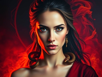 Scorpio astrology sign. A hyperrealistic modern oil painting of a magnetic woman embodying Scorpio, bathed in warm crimson light on one side and deep shadow on the other. A subtle serpent or flowing energy mot.