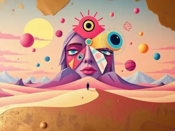 A cast bronze surface with a soft, dreamy atmosphere in a surreal, colorful, abstract illustration inspired by psychedelic and cognitive science art. logo