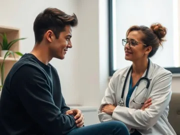 Young man and mental health professional, calm clinic office, soft lighting, gentle conversation, warm tones, empathetic expressions, connection and trust logo