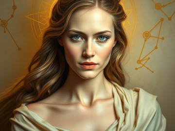 Virgo zodiak sign astrology. Intense dramatic lighting, dynamic in motion, of a serene mythological portrait of a woman symbolizing Virgo. Her expression is calm, analytical, and compassionate. Golden and ivory.